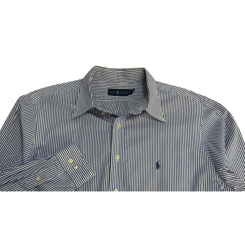 Ralph Lauren Dress Shirt Mens‎ 17.5 34/35 Blue Stripe 100% Cotton Long Sleeve